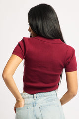 Red Knit Top Short Sleeve Polo Collar