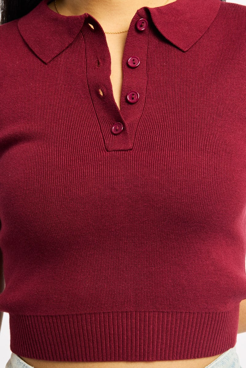 Red Knit Top Short Sleeve Polo Collar