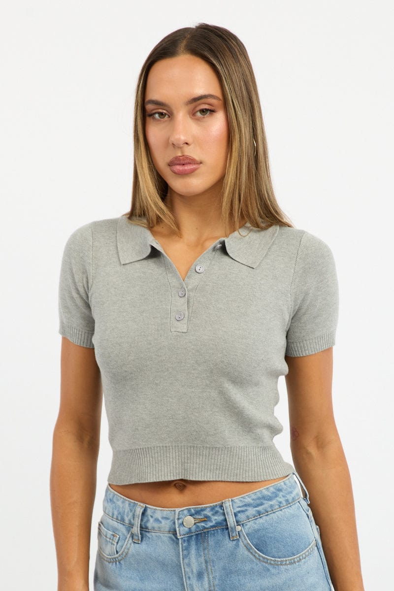 Grey Knit Top Short Sleeve Polo Collar