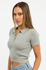 Grey Knit Top Short Sleeve Polo Collar