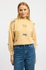 Yellow Knit Top Long Sleeve Bow Trim
