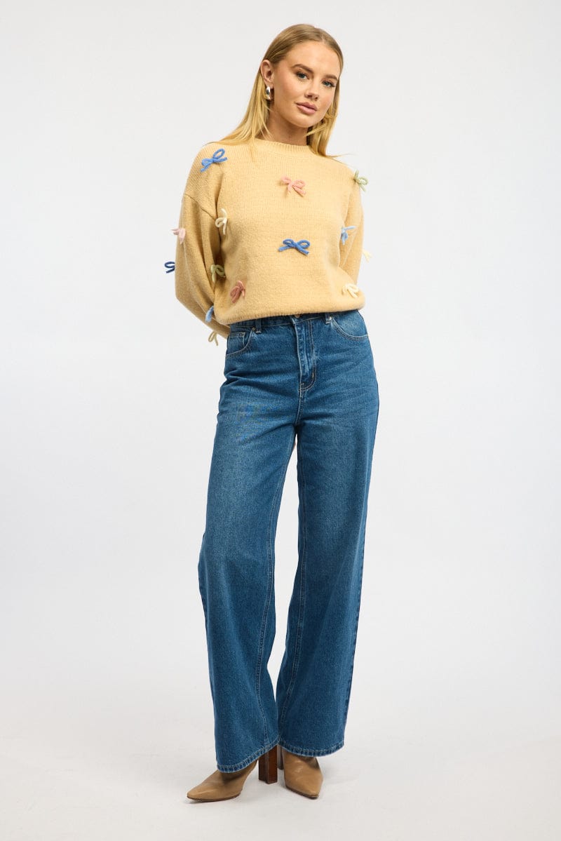 Yellow Knit Top Long Sleeve Bow Trim