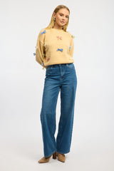 Yellow Knit Top Long Sleeve Bow Trim