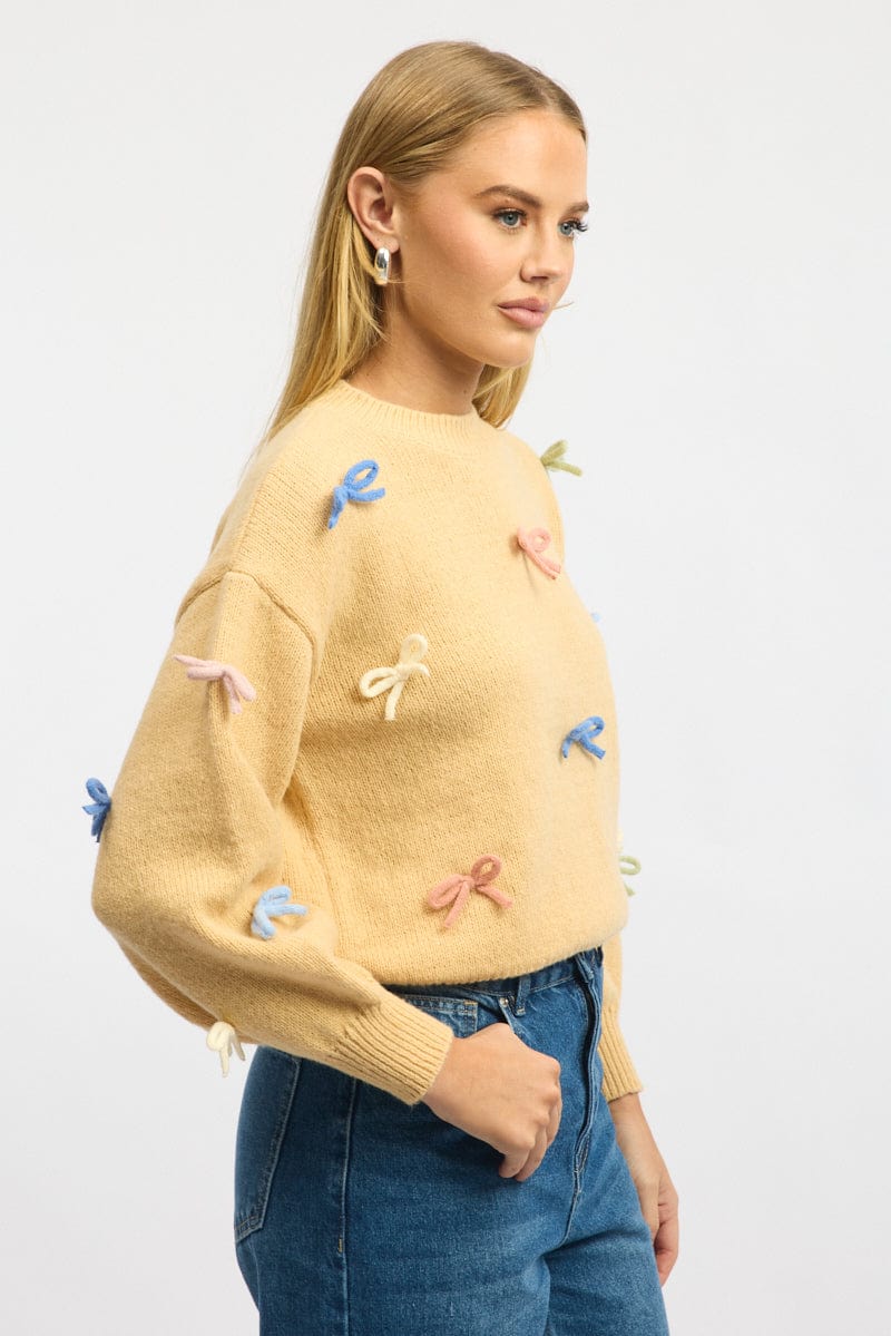 Yellow Knit Top Long Sleeve Bow Trim