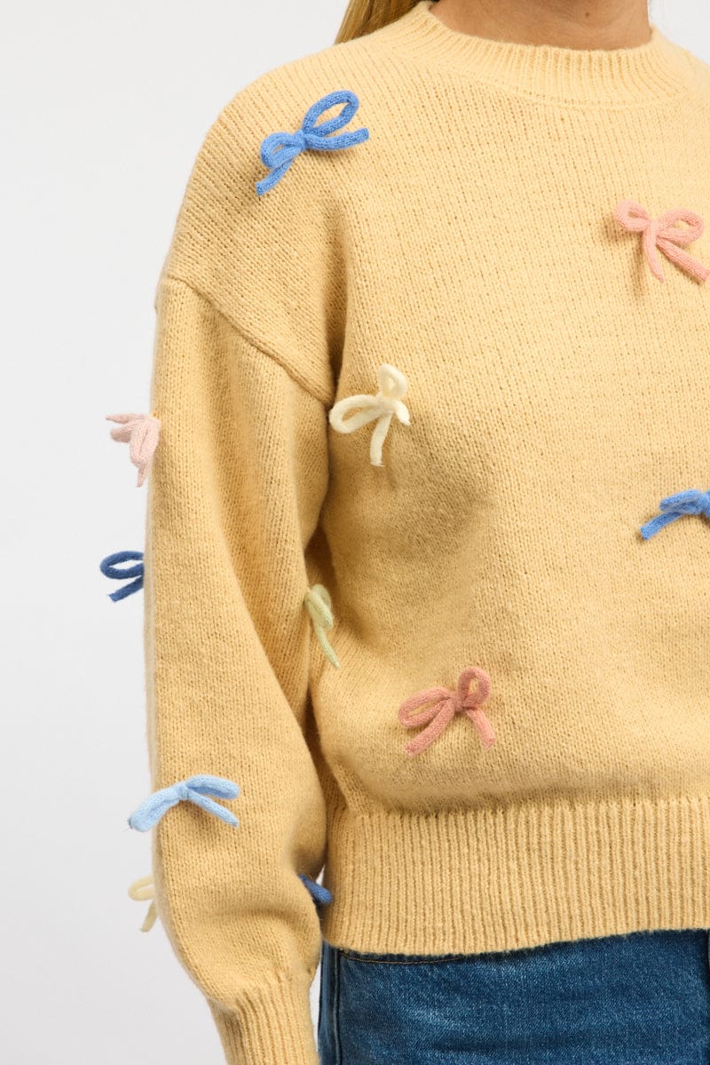 Yellow Knit Top Long Sleeve Bow Trim
