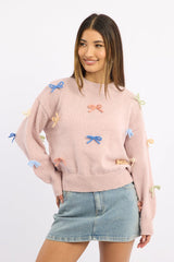 Pink Knit Top Long Sleeve Bow Trim
