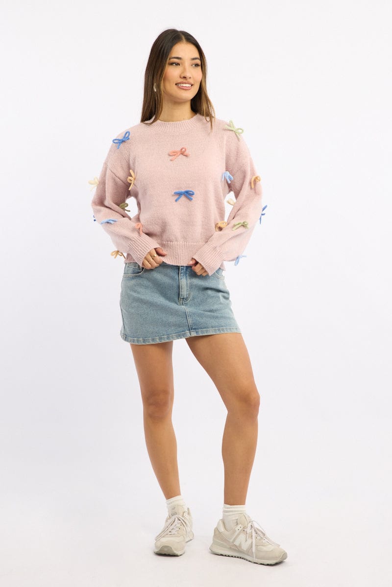 Pink Knit Top Long Sleeve Bow Trim
