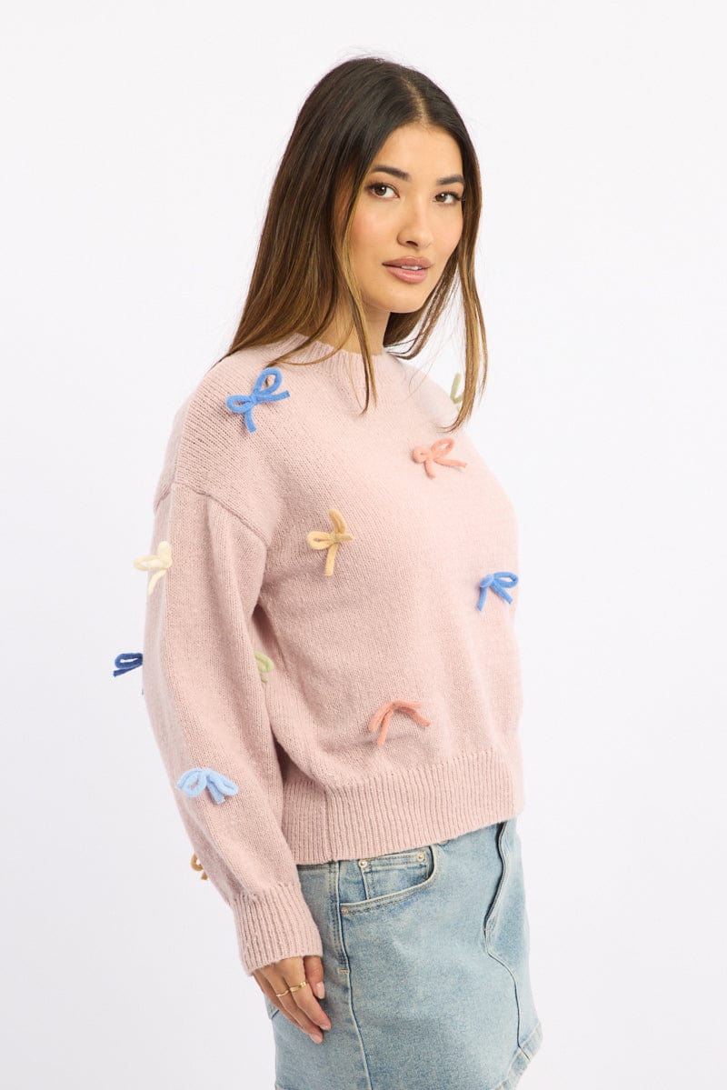 Pink Knit Top Long Sleeve Bow Trim
