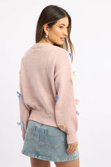 Pink Knit Top Long Sleeve Bow Trim