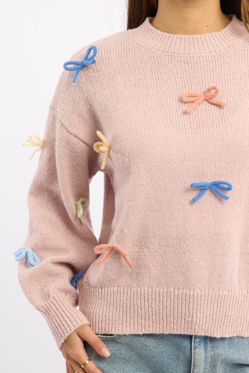 Pink Knit Top Long Sleeve Bow Trim