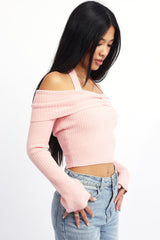 Pink Knit Top Long Sleeve Off Shoulder Halter