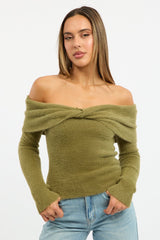 Green Knit Off Shoulder Long Sleeve