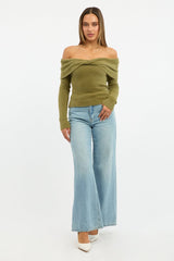 Green Knit Off Shoulder Long Sleeve