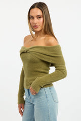 Green Knit Off Shoulder Long Sleeve