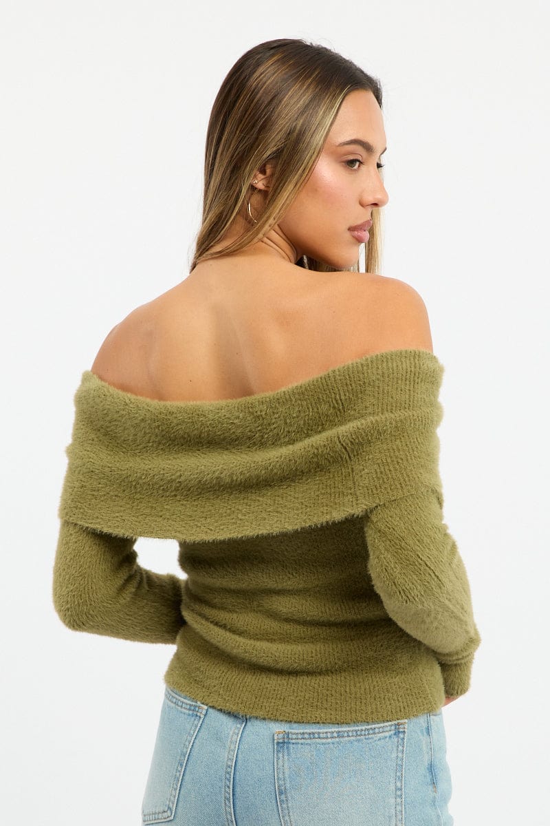 Green Knit Off Shoulder Long Sleeve