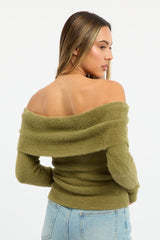 Green Knit Off Shoulder Long Sleeve