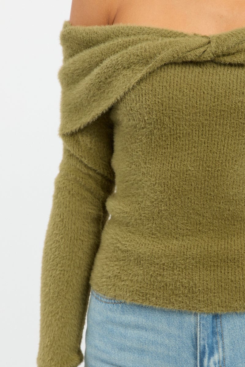 Green Knit Off Shoulder Long Sleeve