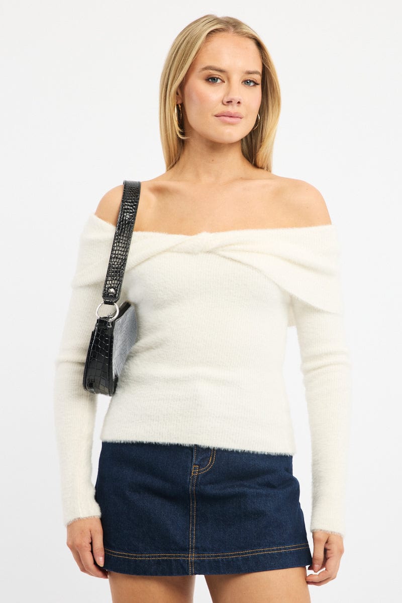 White Knit Off Shoulder Long Sleeve