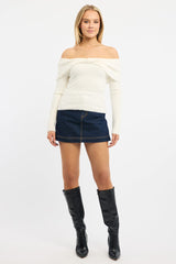 White Knit Off Shoulder Long Sleeve