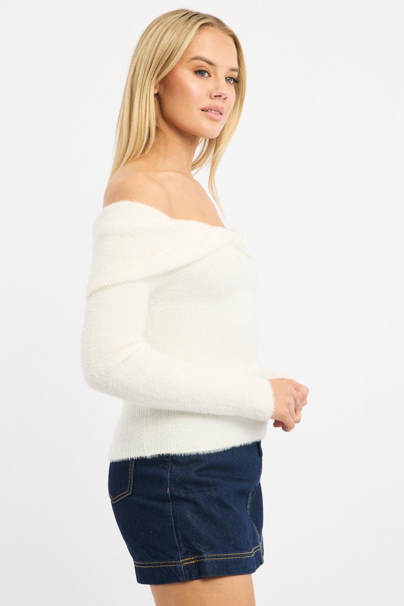White Knit Off Shoulder Long Sleeve