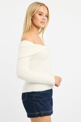White Knit Off Shoulder Long Sleeve