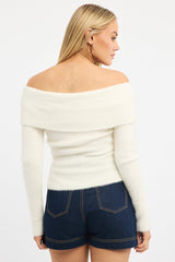 White Knit Off Shoulder Long Sleeve