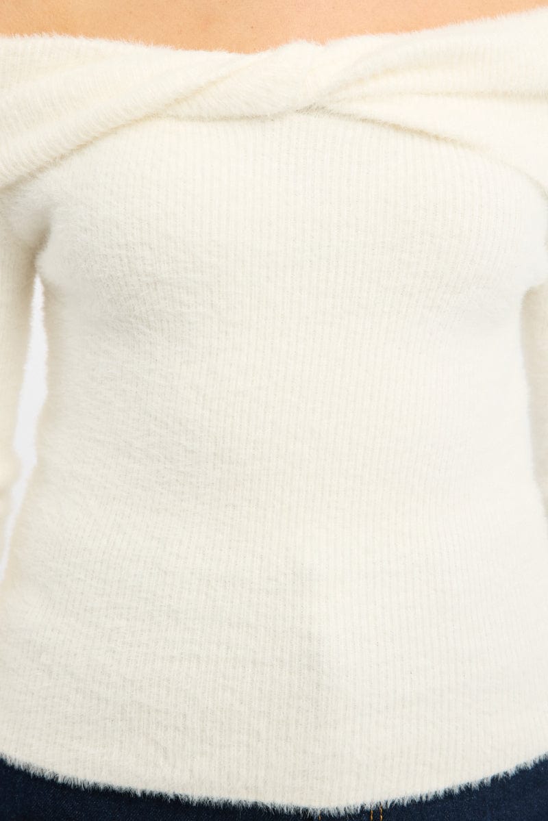 White Knit Off Shoulder Long Sleeve