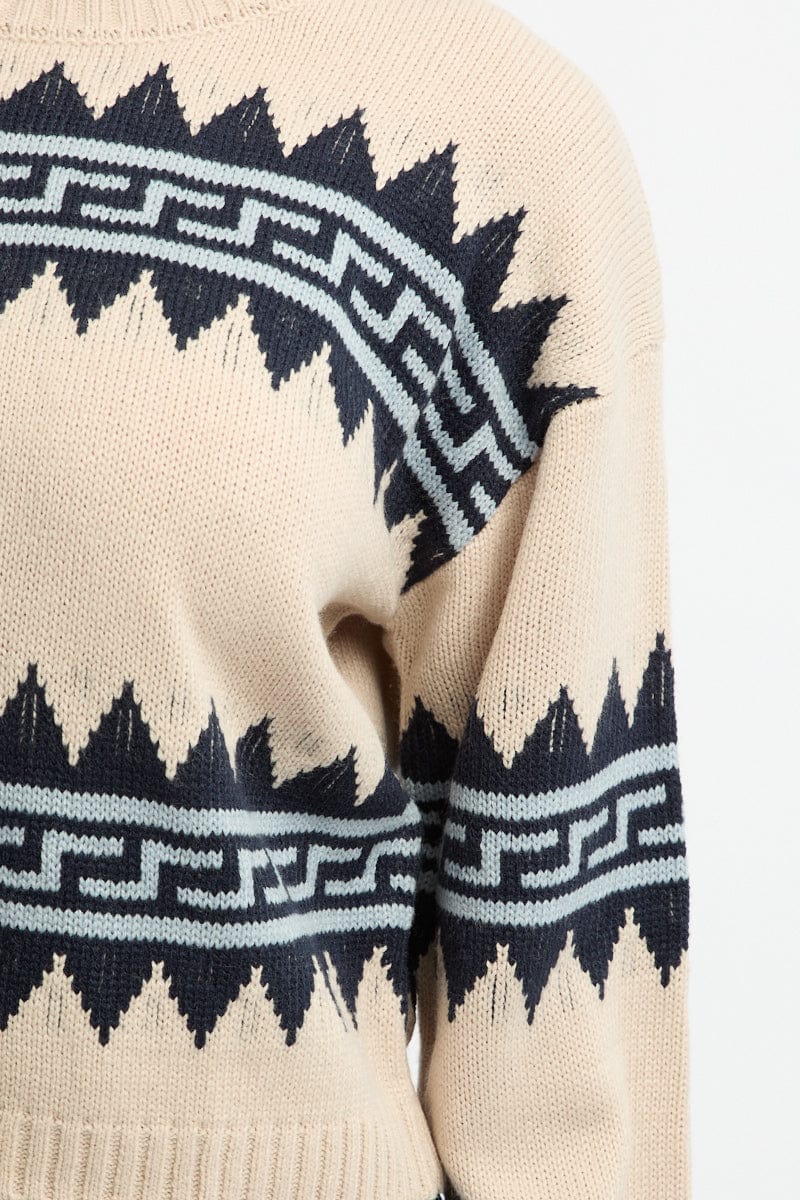 Beige Aztec Jumper Long Sleeve Crew Neck