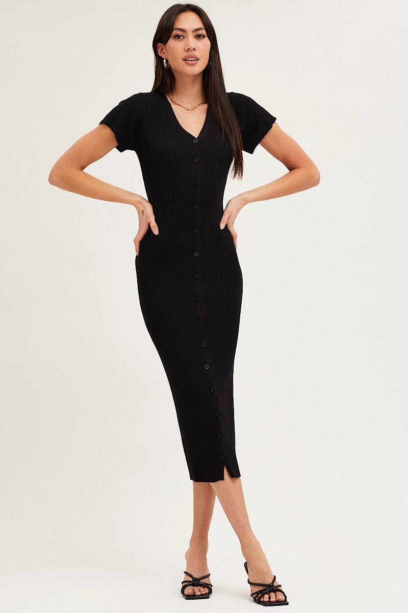 Black Button Front Bodycon Knit Dress