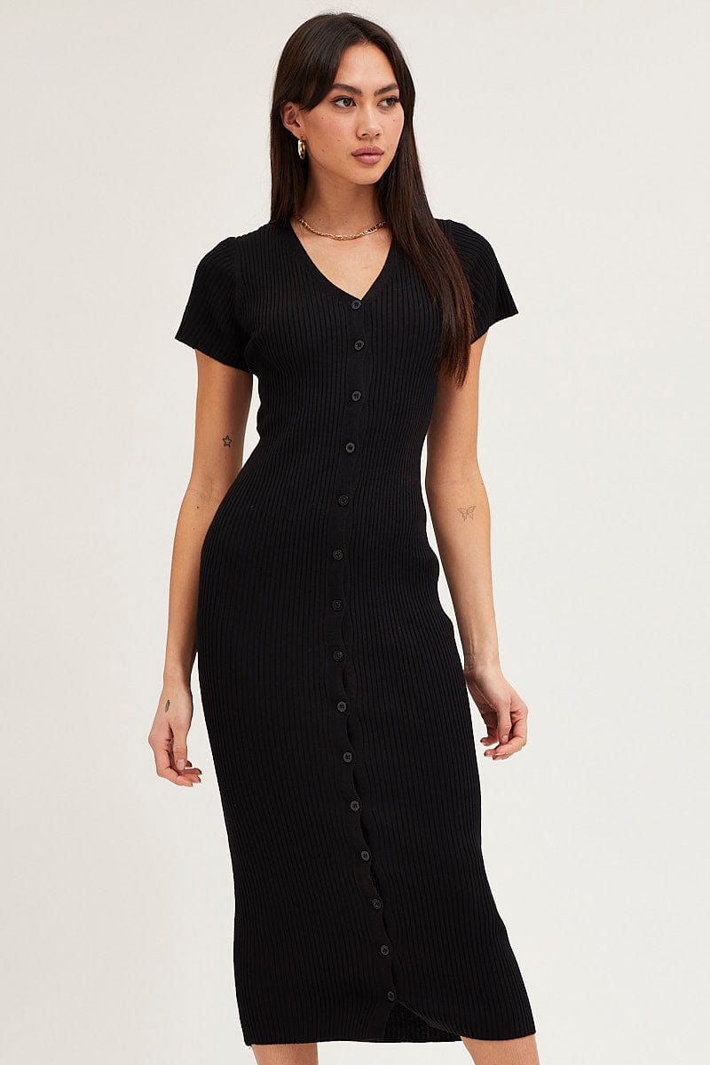 Black Button Front Bodycon Knit Dress