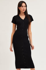Black Button Front Bodycon Knit Dress