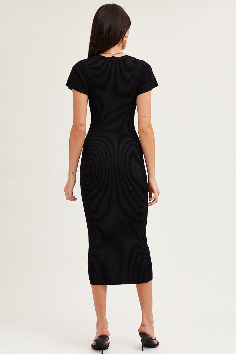 Black Button Front Bodycon Knit Dress