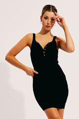 Black Button Front Square Neck Kint Dress