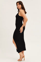 Black V Neck Kint Midi Dress