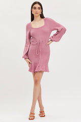 Pink Tie Up Dress Long Sleeve Mini