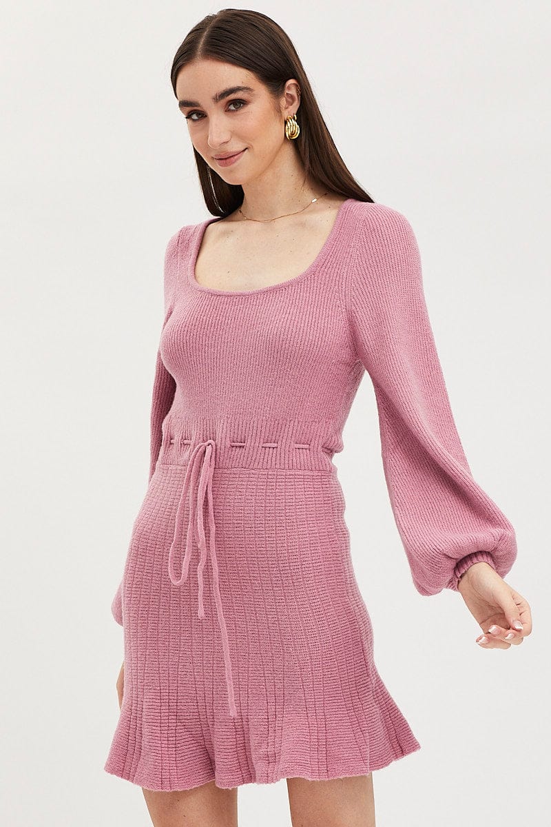 Pink Tie Up Dress Long Sleeve Mini