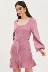 Pink Tie Up Dress Long Sleeve Mini