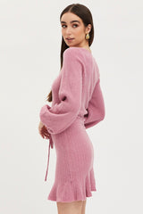 Pink Tie Up Dress Long Sleeve Mini