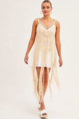 Beige Crochet Beach Pullover Dress Cover Up