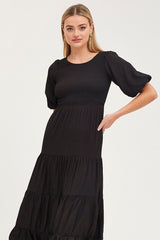 Black Shirred Dress Short Sleeve Maxi