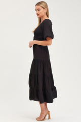 Black Shirred Dress Short Sleeve Maxi
