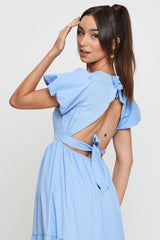 Blue Midi Dress Short Sleeve Round Neck