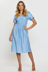 Blue Midi Dress Short Sleeve Square Neck