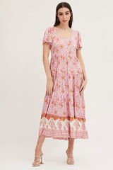 Boho Print Hem Frill Dress Short Sleeve Maxi Square Neck