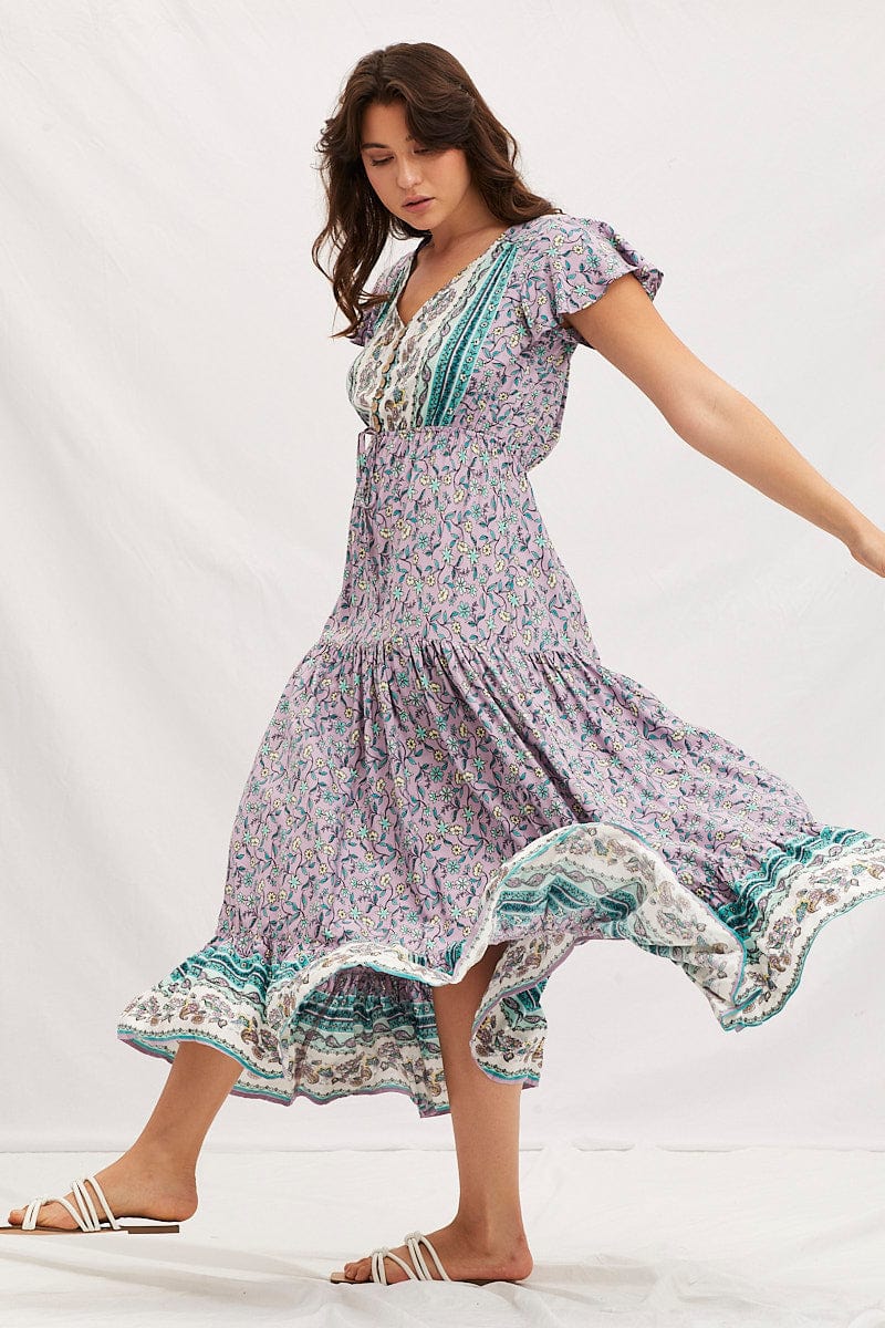 Boho Print V-Neck Short Sleeve Maxi Dress