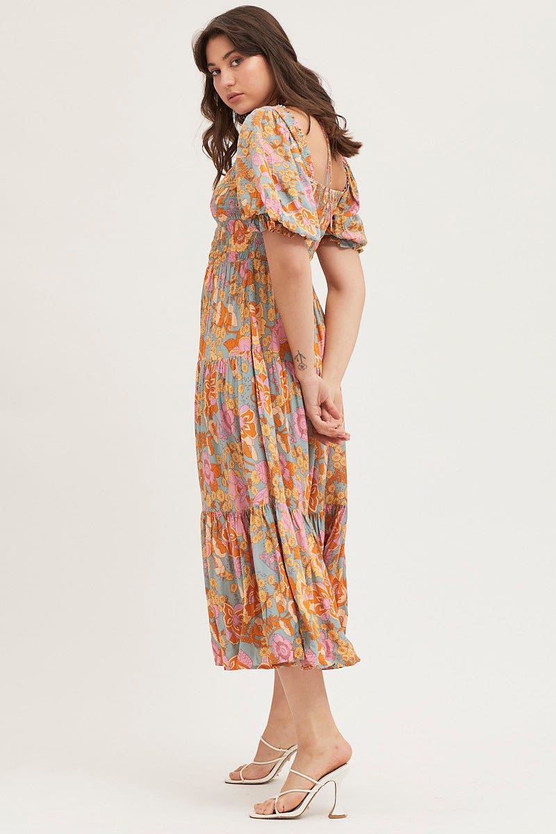 Print Maxi Dress Short Sleeve