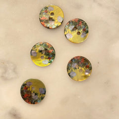 Textile Garden Button-5062-Glossy Abstract Flowers on Yellow Background-15 mm