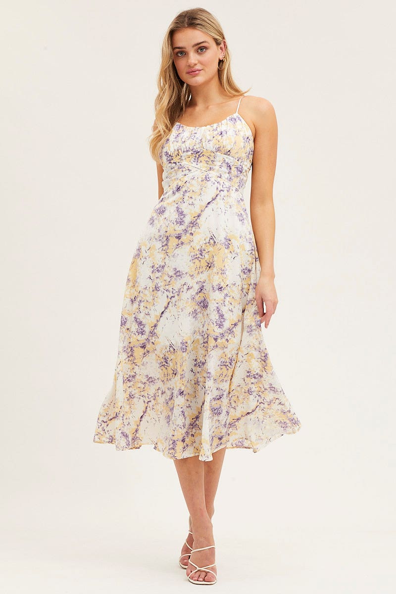 Abstract Print Gathered Bust Tie Back Midi Dress