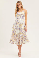 Abstract Print Gathered Bust Tie Back Midi Dress