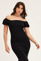 Black Shirred Midi Dress